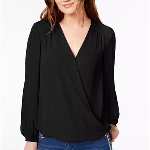 INC surplice blouse size Small long sleeve v neck black wrap shirt new